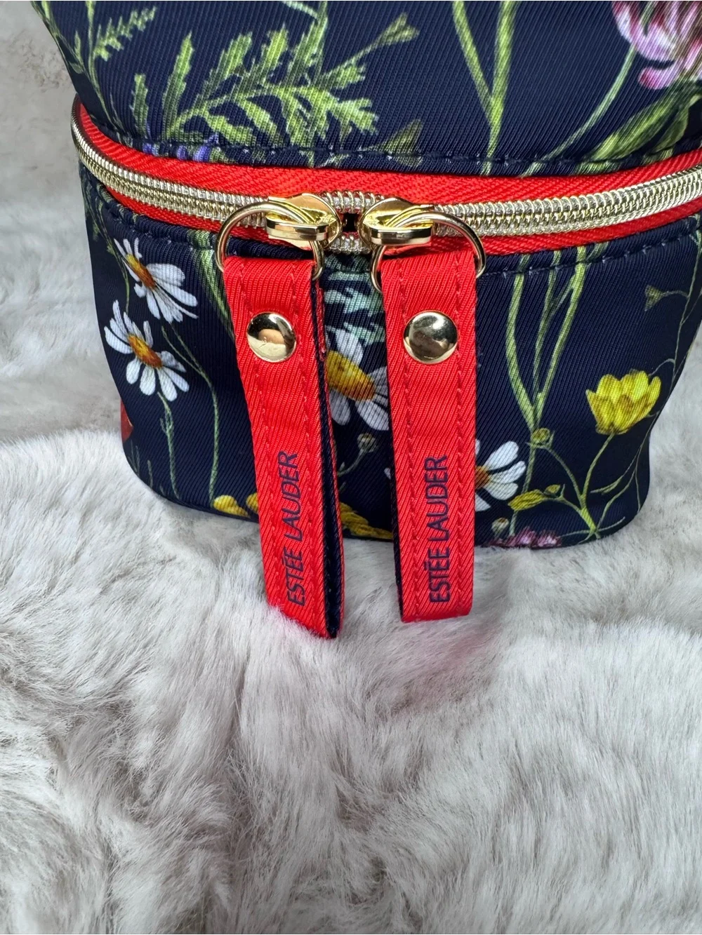 Estée Lauder Navy Floral Wristlet Cosmetic Case with Red Trim